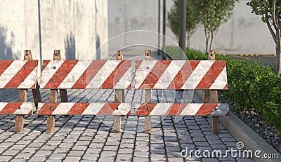 Old wooden road barrier on the sidewalk closeup. Warning sign about the closure of the passage on the road. 3D render. Stock Photo