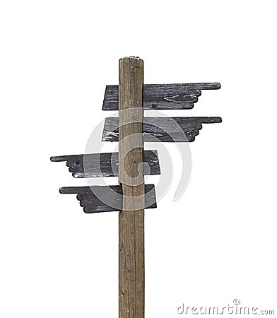 Old wooden road sign with four arrows isolated Stock Photo