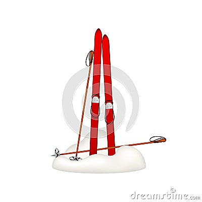 Old wooden skis and old ski poles standing in snow Vector Illustration