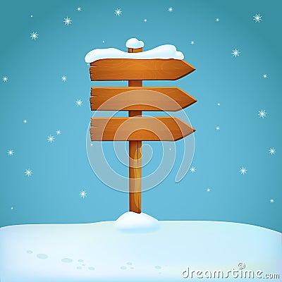 Old wooden snow covered arrow signpost on the snowy ground. Three planks pointing in the same direction. Vector Illustration