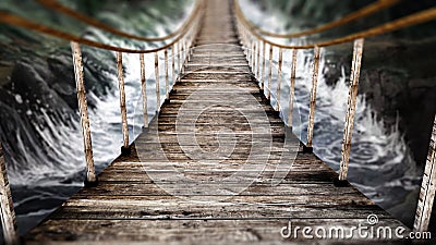 Old wooden suspended bridge on wild river. 3D illustration Cartoon Illustration