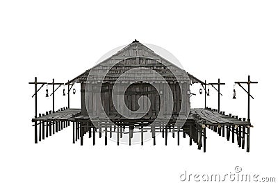 Old wooden swamp house built on stilts over water. 3d rendering isolated on white with clipping path Cartoon Illustration