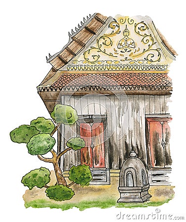 Old wooden temple of Thailand. A traditional wooden building on a Buddhist temple grounds. Cartoon Illustration