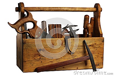 Old Wooden Tool Box Full of Tools Isolated Stock Photo