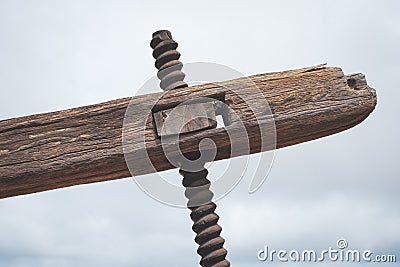 Old wooden tool, part of old grapewine press , winery Stock Photo