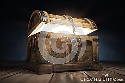 Old wooden treasure chest box with glow from inside Cartoon Illustration