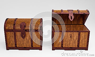 The old wooden treasure chest has a rusted metal frame. Brown wooden box with metal frame And rusty iron pins Place on a white Stock Photo