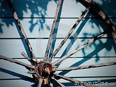 Old wooden wagon wheel Stock Photo