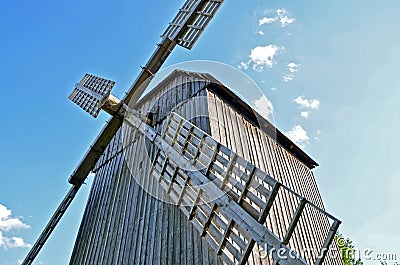 Old wooden windmill close up Stock Photo