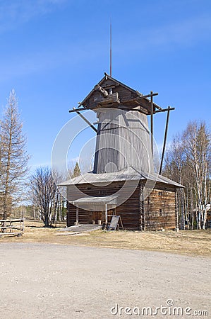 Old wooden windmill in Malye Karely (Little Karely) near Arkhangelsk, north of Russia Stock Photo