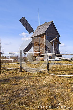 Old wooden windmill in Malye Karely (Little Karely) near Arkhangelsk, north of Russia. Stock Photo
