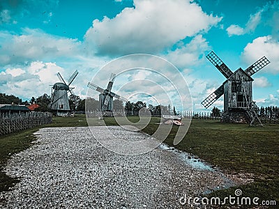 Old wooden windmills in Estonia. Stock Photo