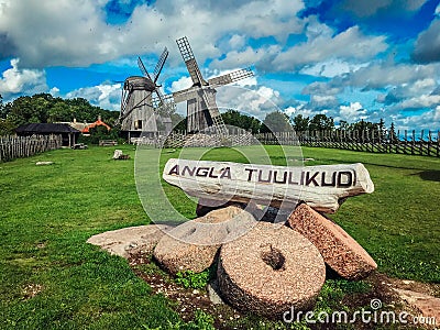 Old wooden windmills in Estonia. Editorial Stock Photo