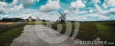 Old wooden windmills. Stock Photo