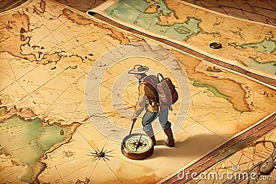Old world explorer walking map Cartoon Illustration