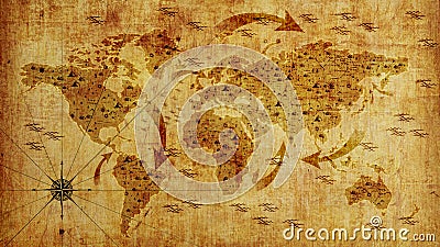 Old world map, with arrows and relief. Photo wallpaper. 3D illustration. Stock Photo