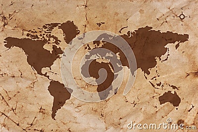 Old World map on creased and stained parchment paper Stock Photo