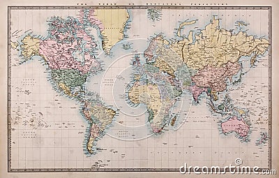 Old World Map on Mercators Projection Stock Photo