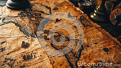 Old world map with torn edges on vintage wooden table, worn rare paper, background for journey theme. Concept of antique, America Stock Photo