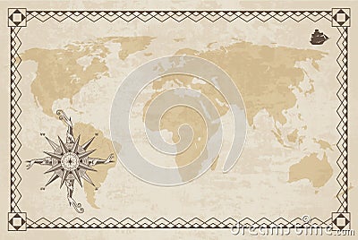 Old world map. Vector paper texture with border frame. Wind rose. Vintage vautical compass. Retro design banner Vector Illustration