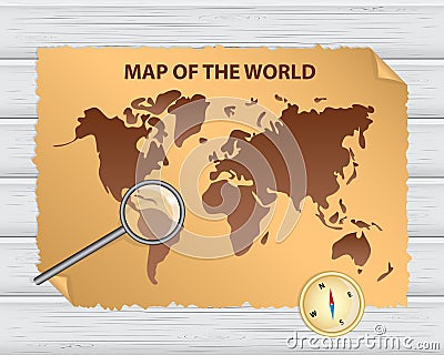 Old world map with vintage paper,parchment, golden compass and m Vector Illustration