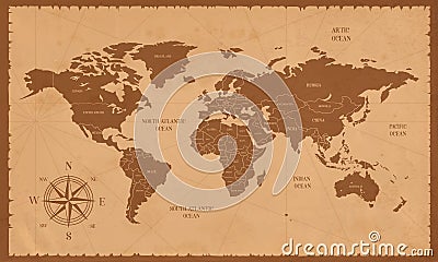 Old world map in vintage style. Vector Illustration