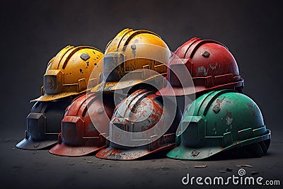 Old and worn colorful construction helmets. Generative AI Stock Photo