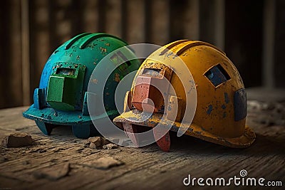 Old and worn colorful construction helmets. Generative AI Stock Photo