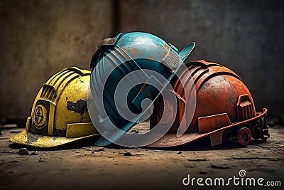 Old and worn colorful construction helmets. Generative AI Stock Photo