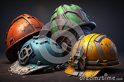 Old and worn colorful construction helmets. Generative AI Stock Photo