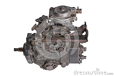 Old and worn diesel car high pressure pump on a white background. Automotive diesel pump, mechanical, from older type car. Side Stock Photo