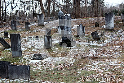 Old worn headstones in cemetery filled with Revolutionary War heros, Saratoga springs, New York, 2019 Editorial Stock Photo