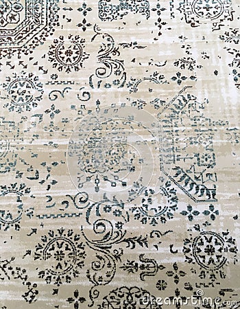 Old worn out elegant damask pattern carpet / floor covering. Luxury grunge vertical background Stock Photo