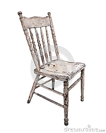 Old worn wooden kitchen chair isolated Stock Photo