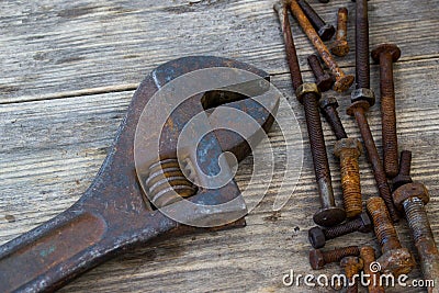 Old wrenches on the nuts and bolts Stock Photo