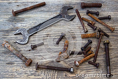 Old wrenches on the nuts and bolts Stock Photo