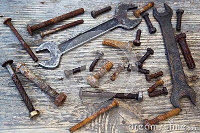 Old wrenches on the nuts and bolts Stock Photo