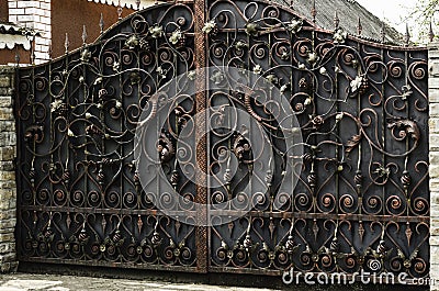 Old wrought iron gates with forged decorative elements Stock Photo