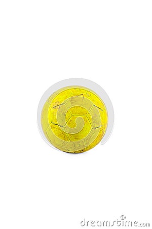 Old yellow futsal ball created your health and relationship on white background football object isolated Stock Photo