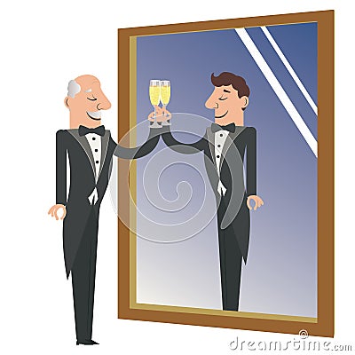 Old and young man in mirror with champagne Vector Illustration