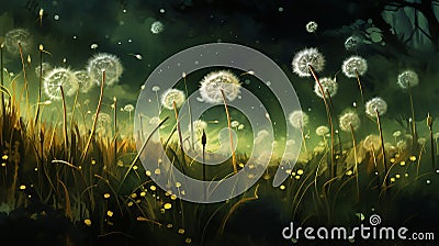 olden dandelions glowing against a rich, textured background of green grass Cartoon Illustration