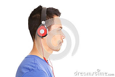 Older asian man listening music on headphones Stock Photo