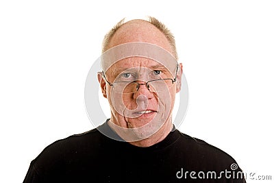 Older Bald Guy in Black Smiling at Camera Stock Photo