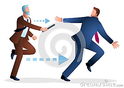 Older businessman passing baton to younger businessman in relay race Vector Illustration