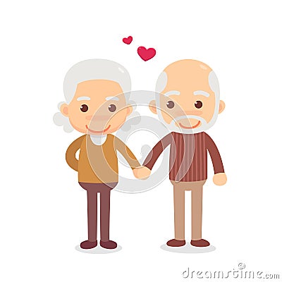 An older couple holding hands with a heart and a heart in the background. A couple of old people falling in love. Cartoon Illustration