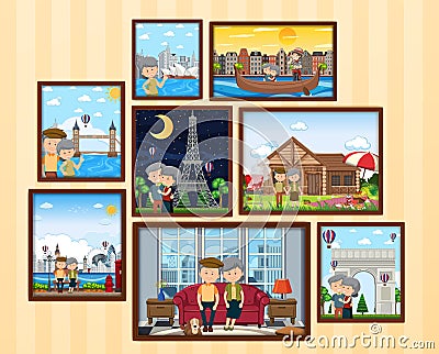 Older couple on vacation photo frames hanging on the wall Vector Illustration