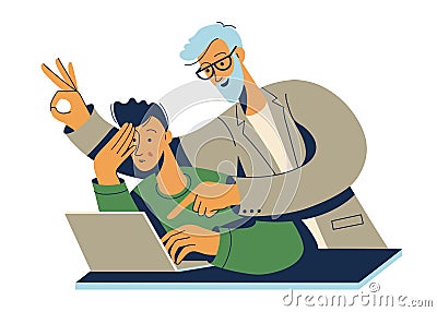 Older employee helps younger colleagues. Experienced businessman passes on information to young professional. Vector Illustration