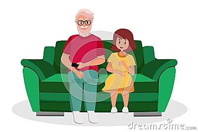 The older man is a grandfather with a granddaughter sitting on the couch. Elderly people are cartoon characters. Old age Vector Illustration
