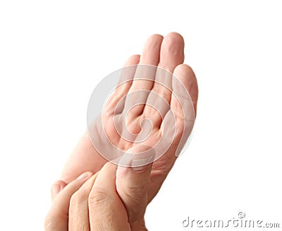 Older man has sore thumb Stock Photo