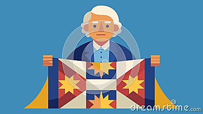 An older man quilter proudly displaying the finished quilt which tells the story of his ancestors journey to freedom and Vector Illustration